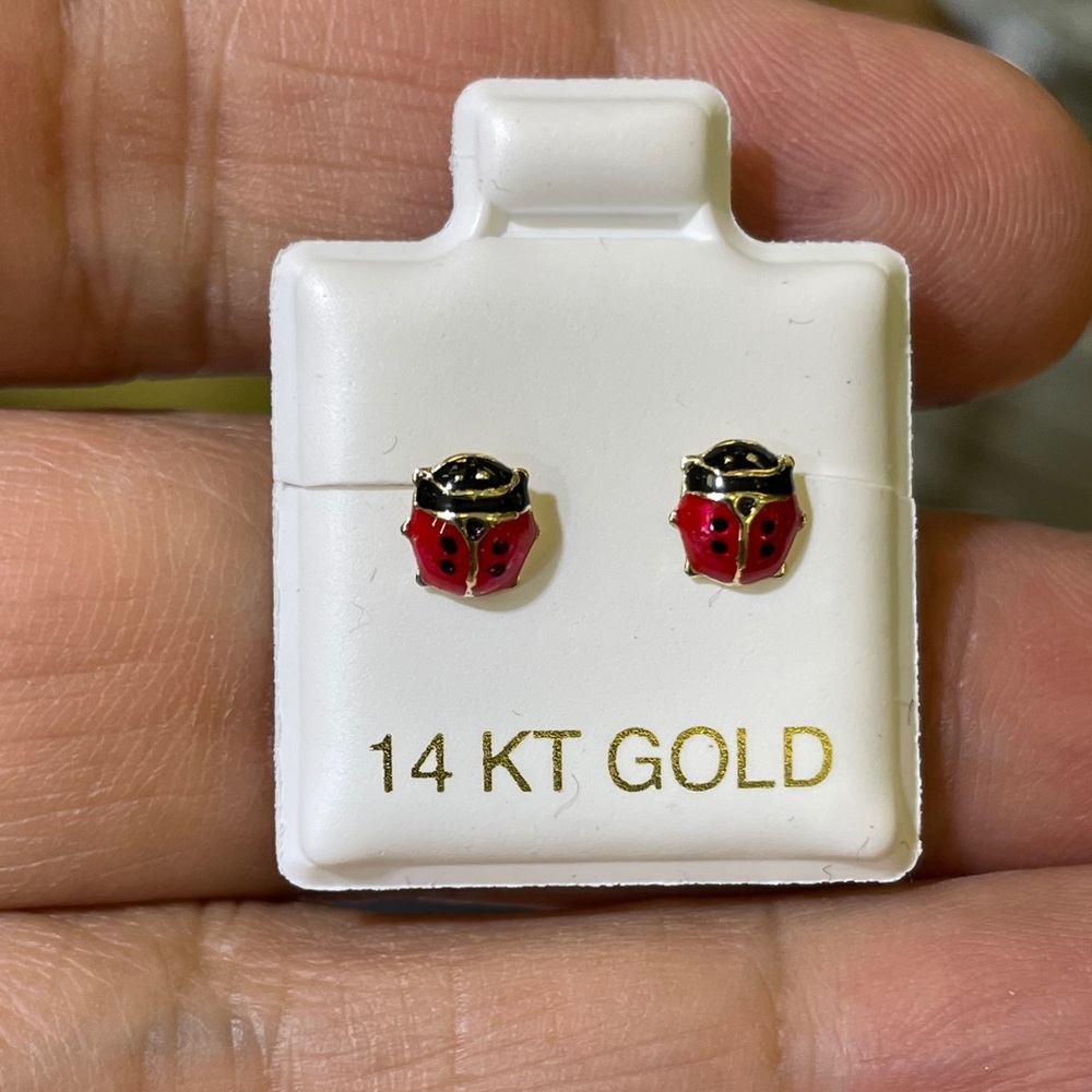 Solid Gold 14 Karat Yellow Lady Bug Earring